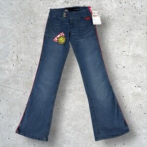 Vtg Y2K Ecko Red Deadstock Low Rise Split Flare Jeans Embroidered Patch Sz‎ 9